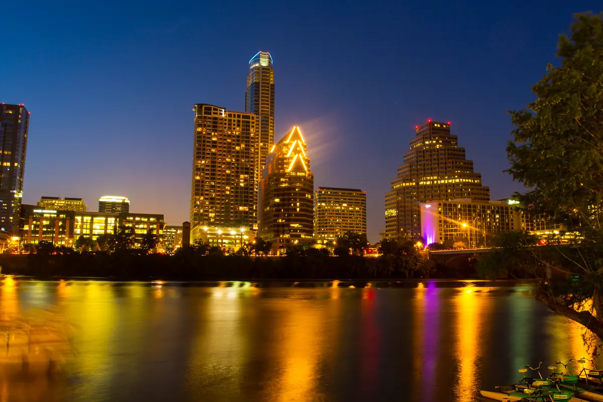 Downtown Austin, Texas at night across Lady Bird Lake